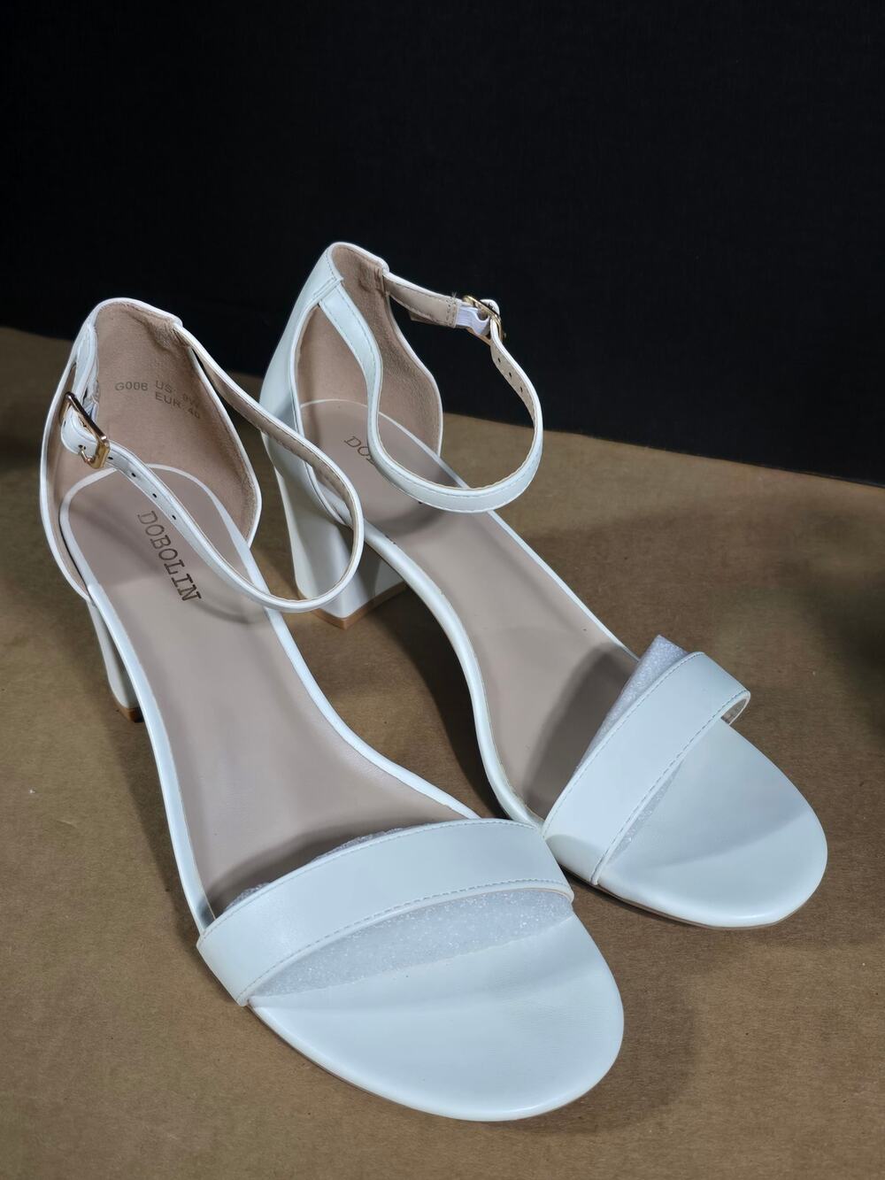 Dobolin White Faux Leather Open-Toe Block Heel Ankle Strap Sandals
